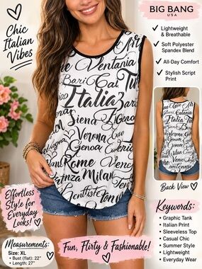 White Script Knot-Front Sleeveless Tank Top